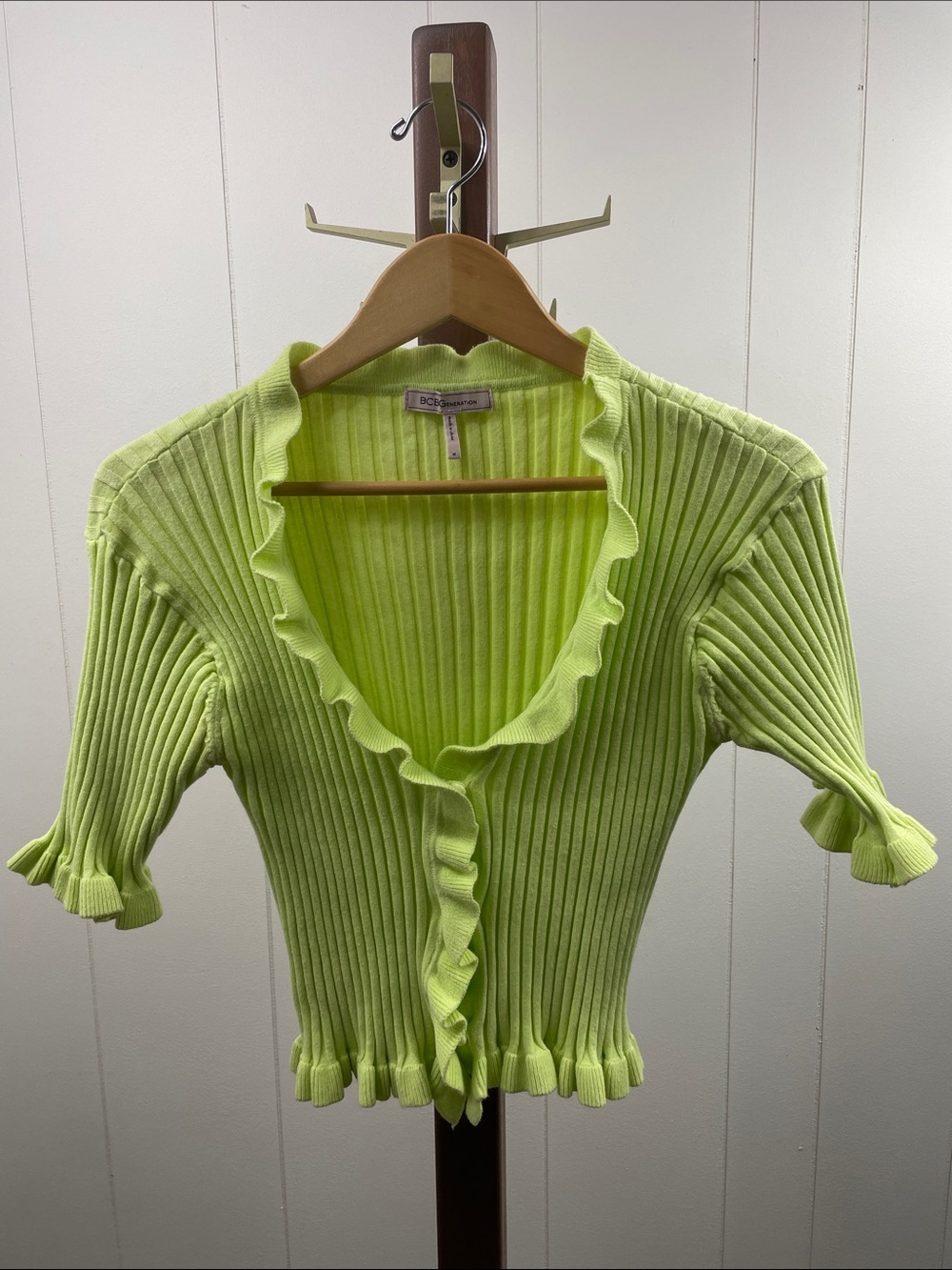 BCBG Generation Lime Green Ruffle Cropped Cardigan